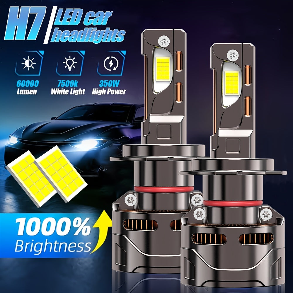 2-Pack Car LED Headlight Bulbs H1/H4/H7/H18/H8/H9/H11/H16/9005/HB3/9006/9012 1000% Brightness Increase No Battery High/Low Beam Integrated 60000 Lumens 7500K Color Temperature 12V-24V Voltage Fast Heat Dissipation Plug-and-Play H7 Model LED