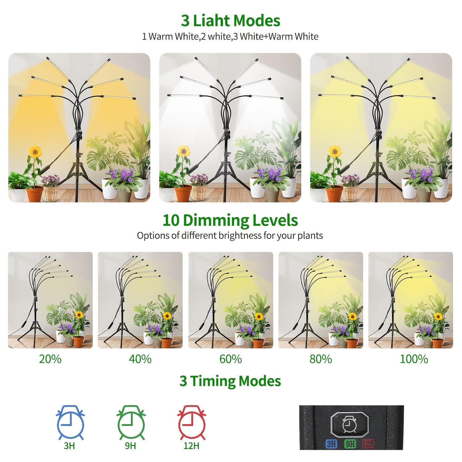 Multifunctional Indoor Grow Light, Sunlight Simulation with Timing and Dimming Functions, Height and Brightness Adjustable, Perfect for Indoor Succulents and Flowers, Boosting Plant Growth