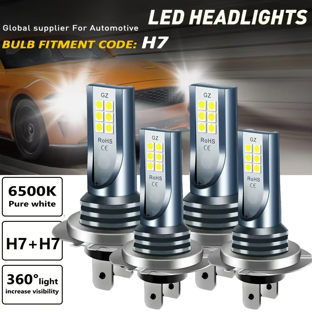 4-Pack H7 LED Headlight Kit - 3000+ Lumens Super Bright 6500K Xenon White Light, High/Low Beam Replacement, Plug-and-Play Wiring, for Trucks and Motorcycles (H7 Bulb Socket), No Battery Included