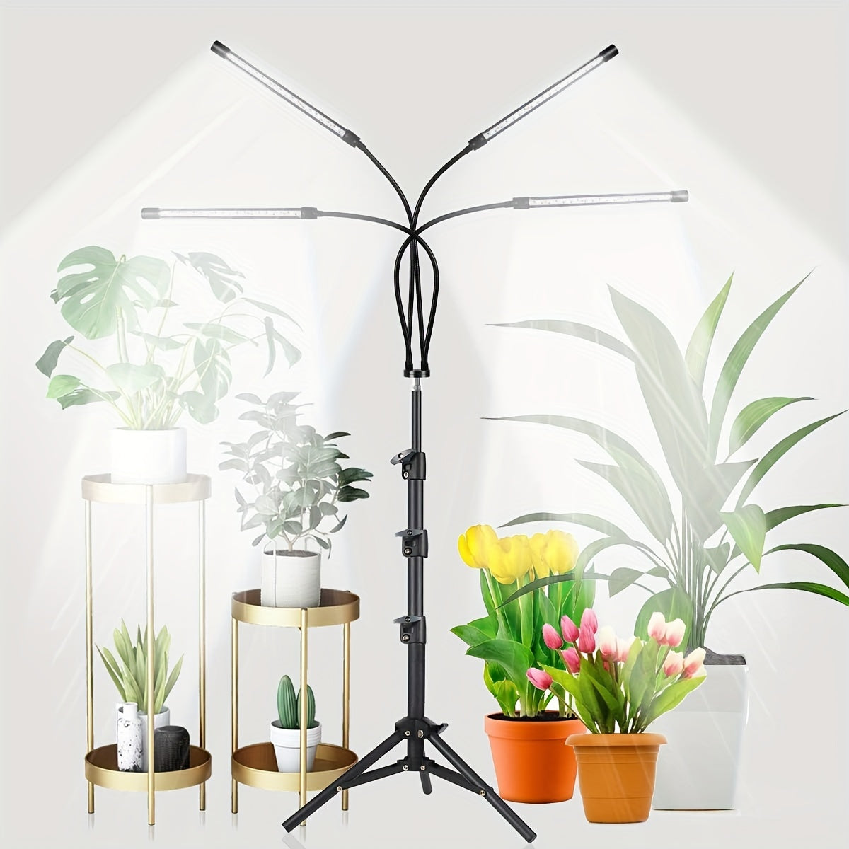 5/4 Heads Grow Light with Stand, White & Warm White Spectrum Indoor Plant Lamp, 10 Dimmable Brightness Levels, 3/9/12H Timer, 3 Switch Modes, Adjustable Gooseneck for All Plant Growth