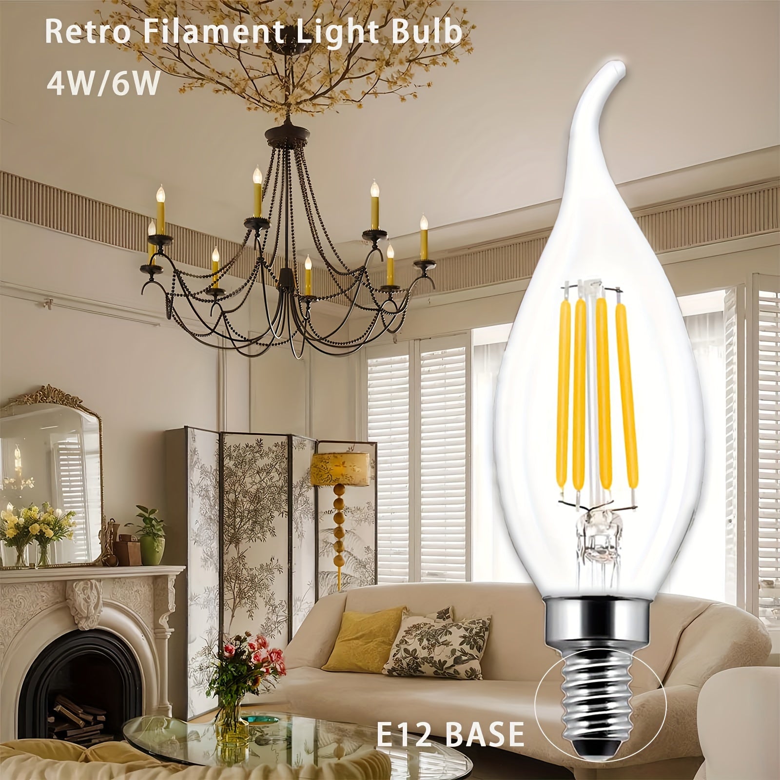 A set of 6 dimmable E12 flame-shaped LED bulbs, emitting 2700K warm white light, power equivalent to 4W/6W to 40W/60W, glass housing, suitable for replacement in living rooms, bedrooms and dining rooms