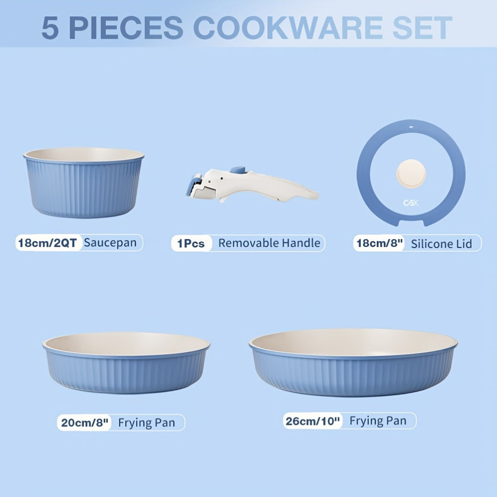 5PCS Non-stick Cookware Set, Detachable Handle Pot and Frying Pan Set, Induction Compatible Oven Safe Kitchen Cookware Set