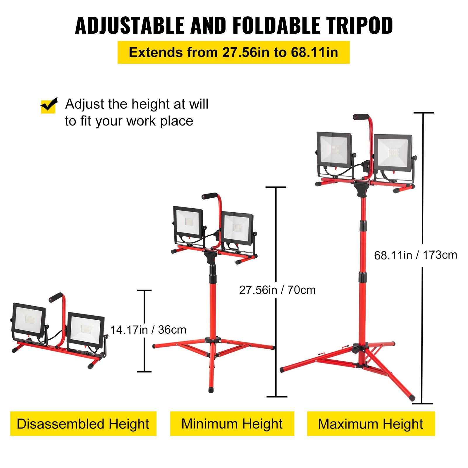 VEVOR LED work light with stand, 1/2 pieces, 5000lm/10000/20000 lumens dual-head LED work light, 27.6“-68.1” adjustable foldable tripod, IP65 waterproof LED tripod work light, 5000 Kelvin color temperature