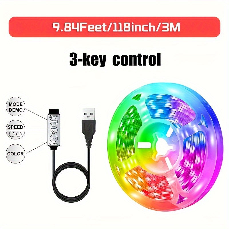 1roll RGB 电视背景 LED 灯带 3 键按钮控制 柔性胶带 适用于游戏室 万圣节 圣诞节装饰