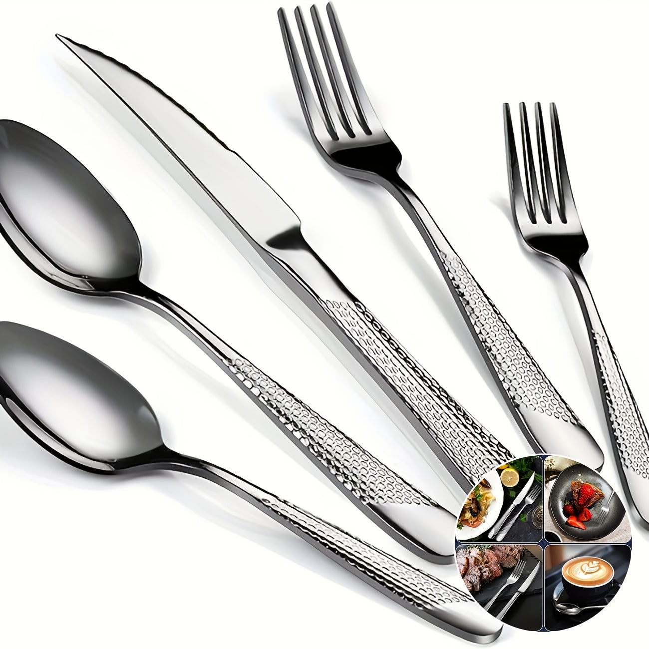 30-Piece Silver Modern Hammered Set (Service for 6), Stainless Steel Flatware Set, Includes Ultra-Sharp 2-in-1 Serrated Knife, Mirror Polished, Dishwasher Safe – Perfect for Parties, Family Gatherings, Weddings