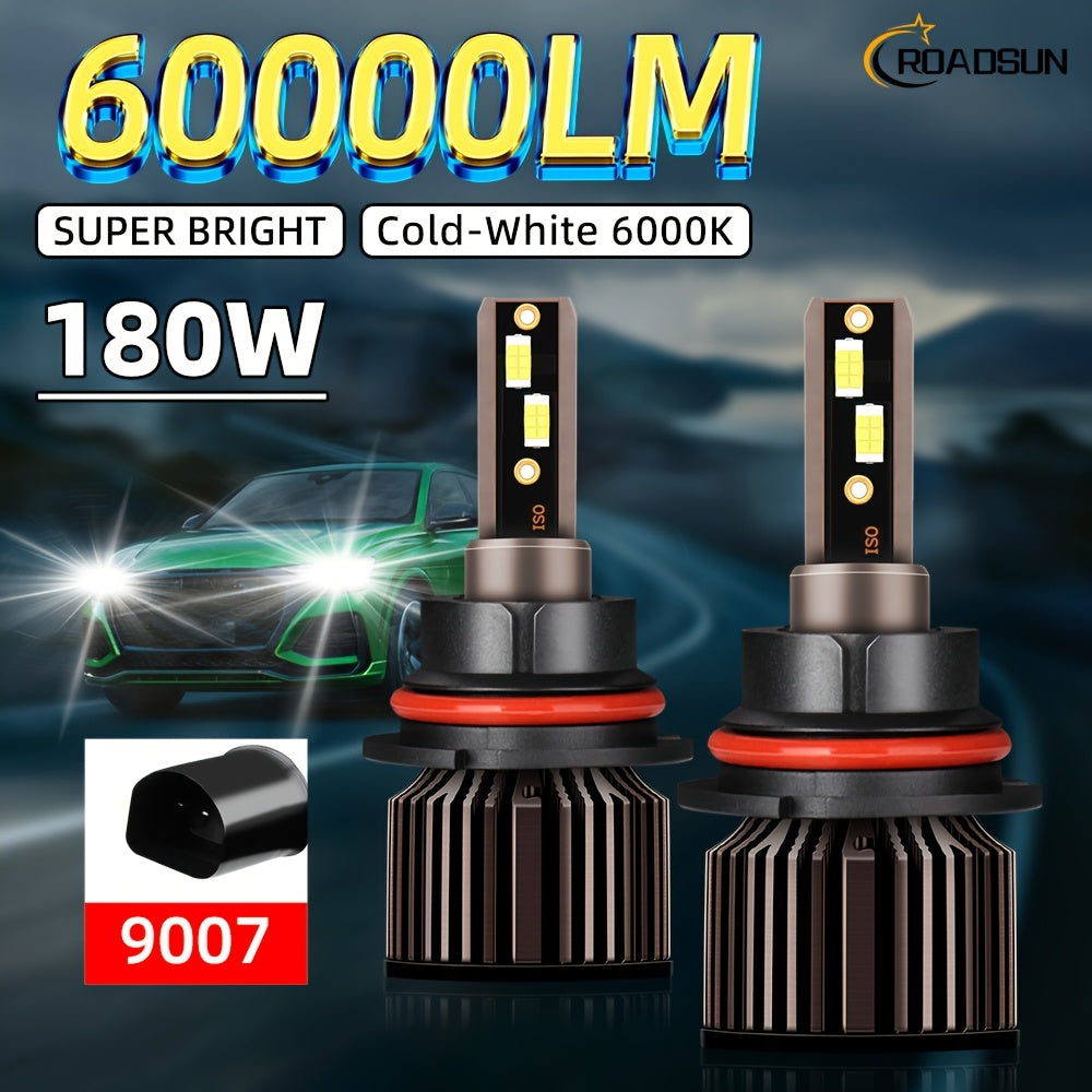 ROADSUN offers a set of 2 LED bulbs, compatible with H1, H7, H11, 9005, 9006, H4, H13, 9007 and 9004 types, providing a super bright output of 60000 lumens at 180 watts, and a color temperature of 6000K