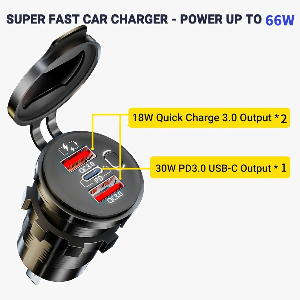 Versatile Car Charger - Features a Switch, Compatible with 12V/24V for Vehicles, Boats, Motorcycles, And Rvs - Portable, Includes Installation Tools|Stylish Design|Includes Voltmeter, Socket for Boat Charging, No Battery Included