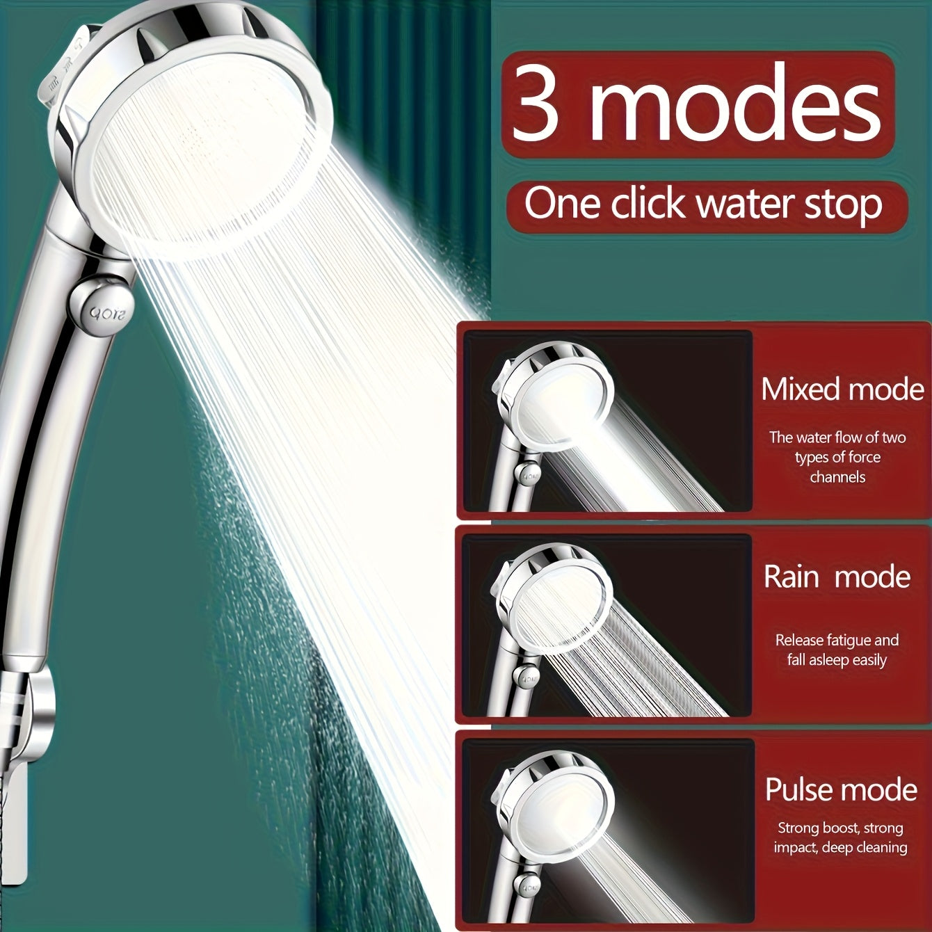 High Pressure Handheld Shower Head Set with Pause Function - 3 Spray Modes, Adjustable Angle Holder & Hose, Detachable, Perfect Bathroom Accessory - Polished Finish
