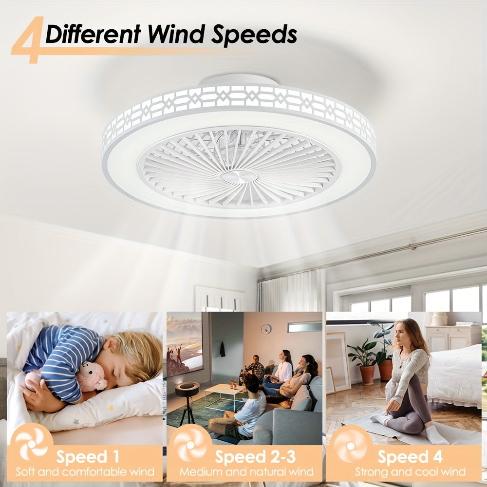 20 Inch Bladeless Ceiling Fan, Flush Mount Ceiling Fan, Low Profile Ceiling Fan, Reversible Dimmable Ceiling Fan, Silent Ceiling Fan, LED Stepless Dimming, 3 Color Temperature Adjustable and 4 Speed Levels