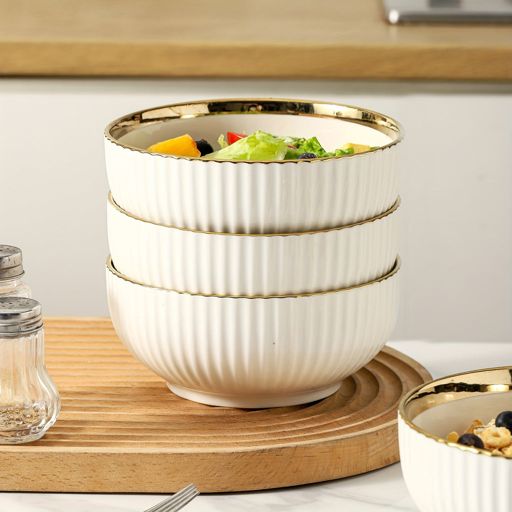 2-Piece Ceramic Bowl Set, 27oz Soup Bowl, 6-Inch, Gold Rim Striped Edge – Perfect for Salad, Cereal, Dessert, Rice & Pasta in the Kitchen