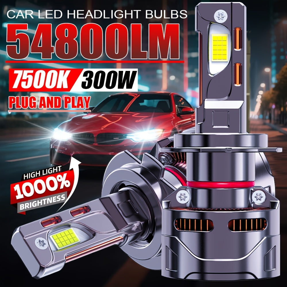 2pcs 9006 9012/HIR2 Super Bright LED Headlight Bulbs for Car, 54800LM, 7500K, 1000% Brightness, 360° Beam Angle, Plug-and-Play, Compatible with H1 H4/9003/HB2 H16/H9/H8 9005, 9570 CSP Chip