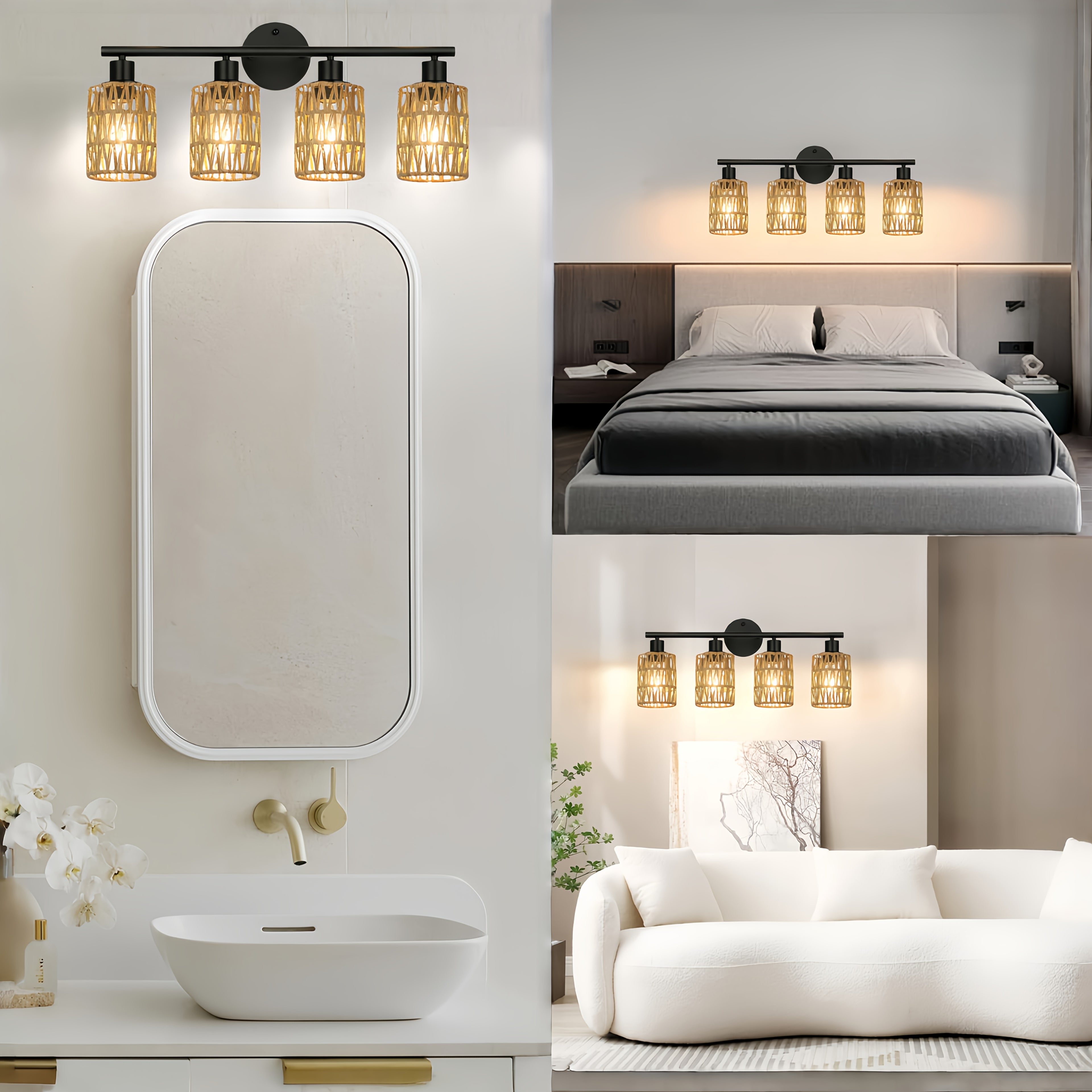 Farmhouse style 4-light hardwired semi-flush mount / ceiling mount vanity mirror light, with hand-woven lampshade — vintage cast iron top-mount wall light, suitable for bathroom, bedroom, hallway mirror installation (mirror not included)