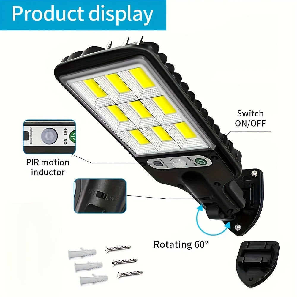 1 Smart Motion Activated Solar Light, Perfect for Commercial Streets and Areas, High Brightness LED Solar Wall Lighting, Rechargeable COB Street Light, with Three Outdoor Decorative Lighting Modes for Deck Security Purposes