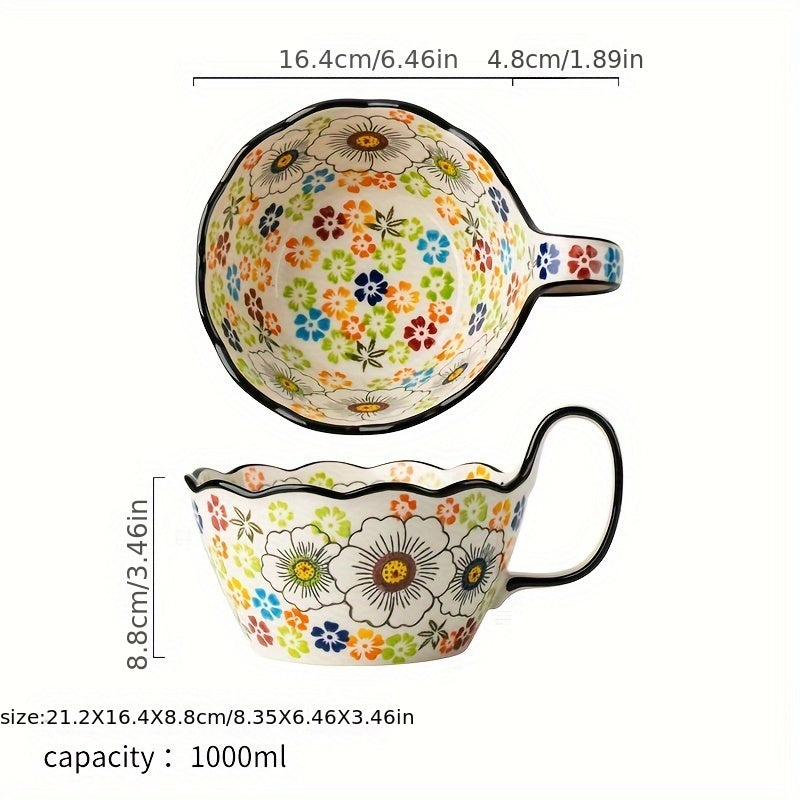 Hand-Painted Japanese Handle Bowl, New Ceramic Baking Dish, Instant Noodle Bowl, Salad Bowl, Home Tableware, Baking Dish with Spoon, Breakfast & Fruit Bowl