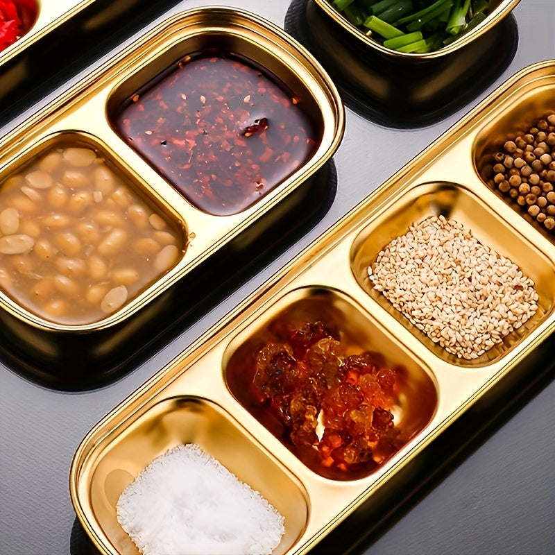 1Pc Golden Compartment Stainless Steel Sauce Plate, Dinner Plate, Salt Vinegar Sugar Seasoning Dipping Bowl