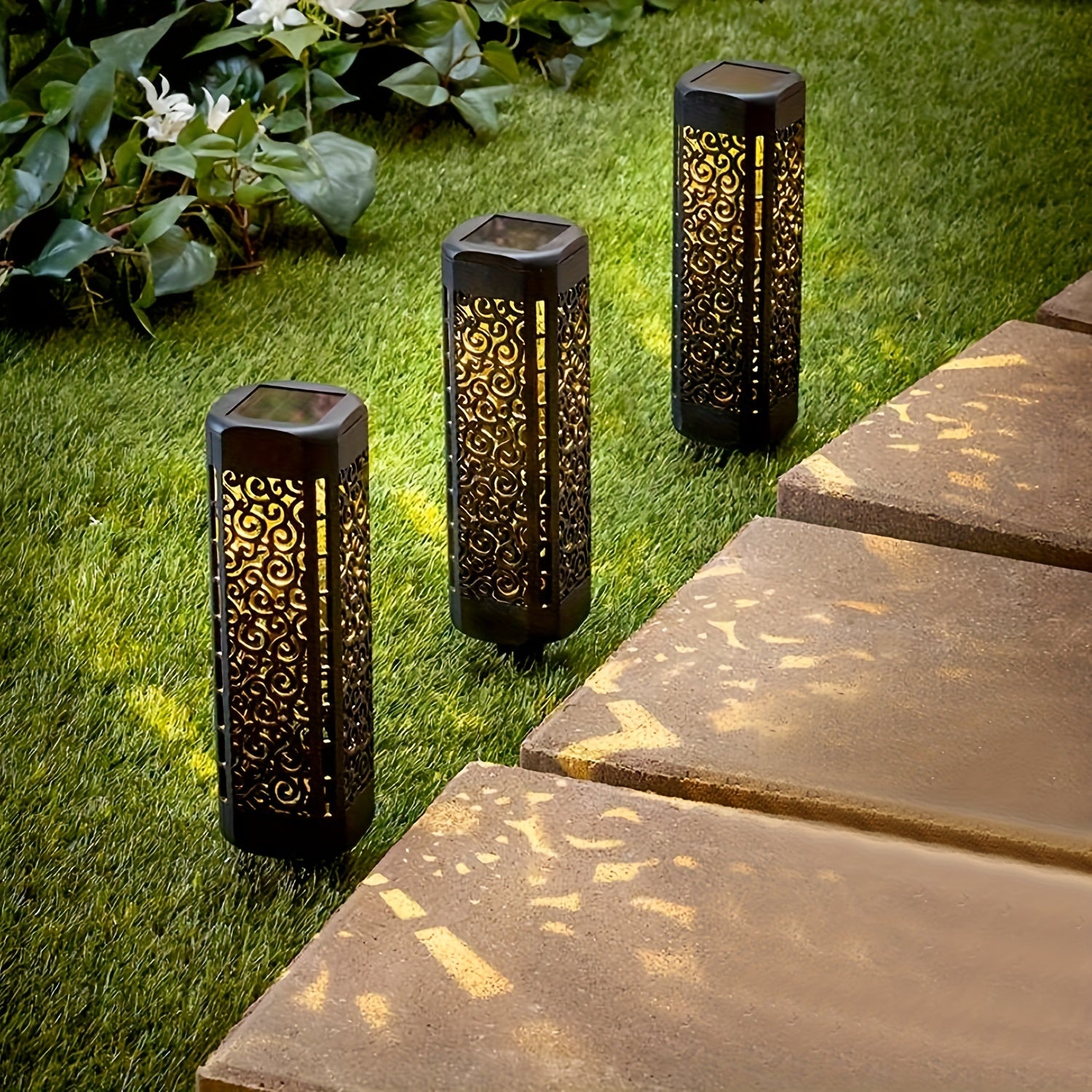 4pcs Solar Garden Vintage Hollow Out Floor Light, Outdoor Path Light, LED Halloween Christmas Decorative Landscape Light, Perfect for Courtyard, Garden, Pathway, Lawn, Street, Party Holiday Decoration
