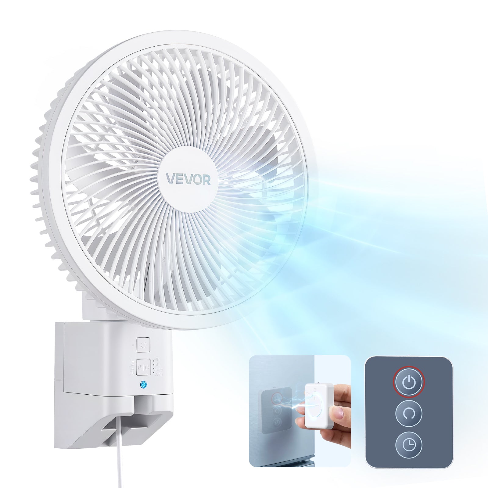 VEVOR 8.5 Inch Wall Mount Fan, Oscillating Ceiling Fan with Remote Control, 10FT Strong Airflow, DC Motor, 4 Speed Levels & Timing Function, Automatic 90° Horizontal Rotation & Manual Vertical Tilt, Ideal for Home Office RV Use