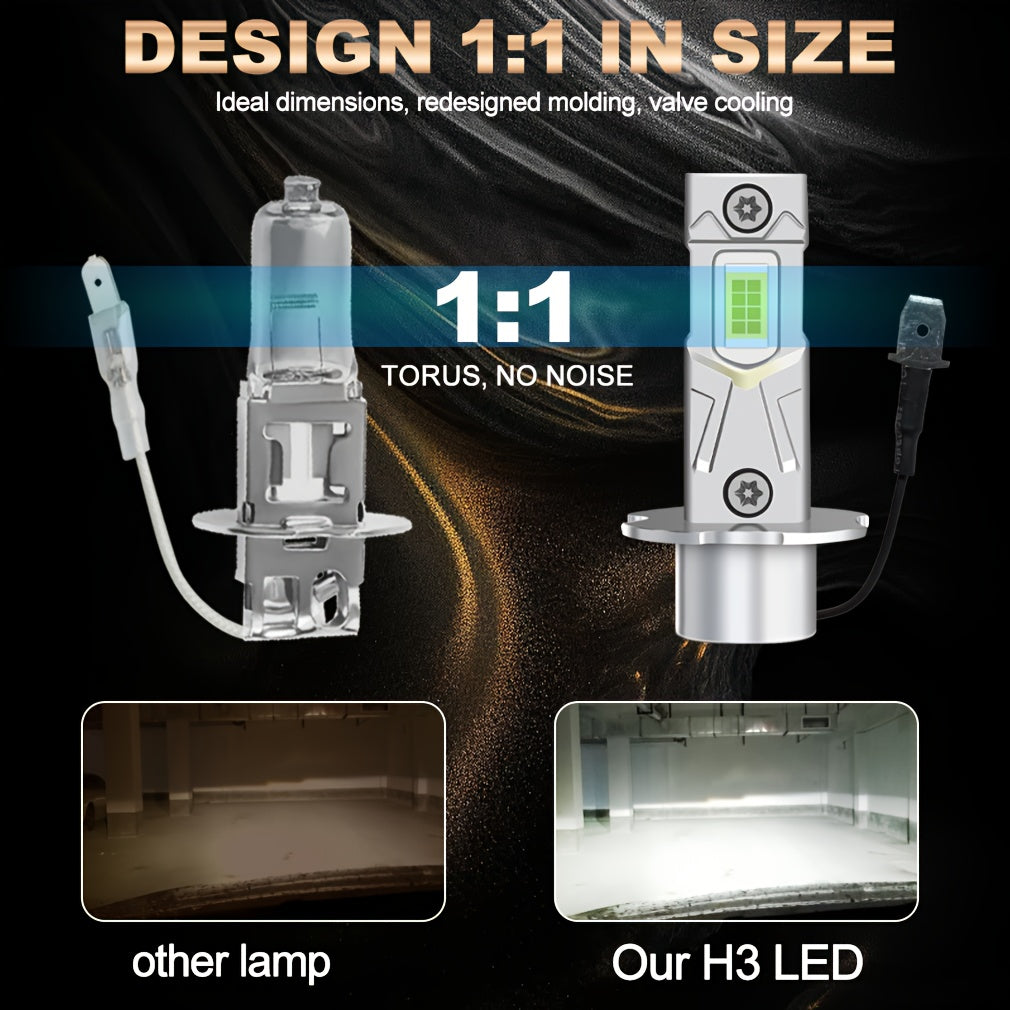 2-Pack H3 LED Headlight Bulbs Canbus System Compatible High Beam 6000K White Light Car LED Fog Light Driving Light 12V Mini Design Suitable for Car Headlight Driving Illumination