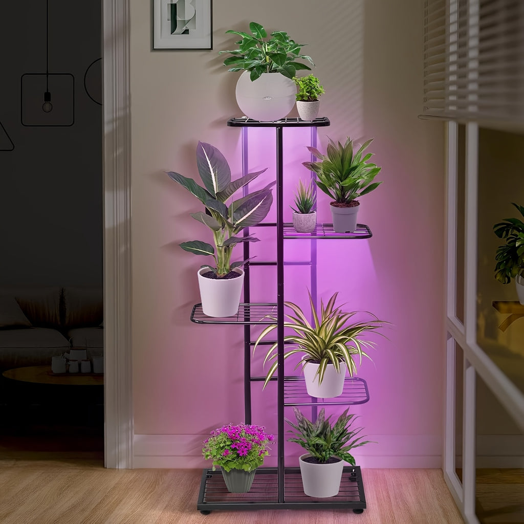 Indoor Plant Stand with Grow Light, 5-Tier 6-Pot Metal Multi-Function Flower Pot Shelf, Display Rack for Courtyard Balcony Living Room Corner Garden