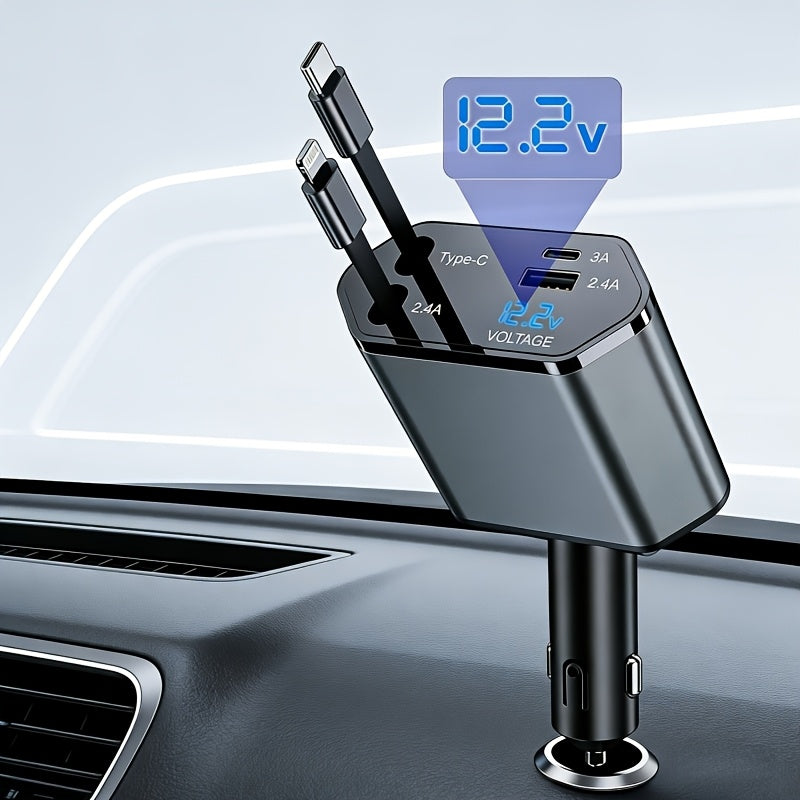 [W&O] Car Phone Charger, 4-In-1 Fast Car Charger Adapter with Dual Cable Retractable Phone Charger Cable, Fast Charging, Compatible with Type-C And IOS Dual Systems, 2 Ports (USB-A And USB-C) Universal Cigarette Lighter USB Interface