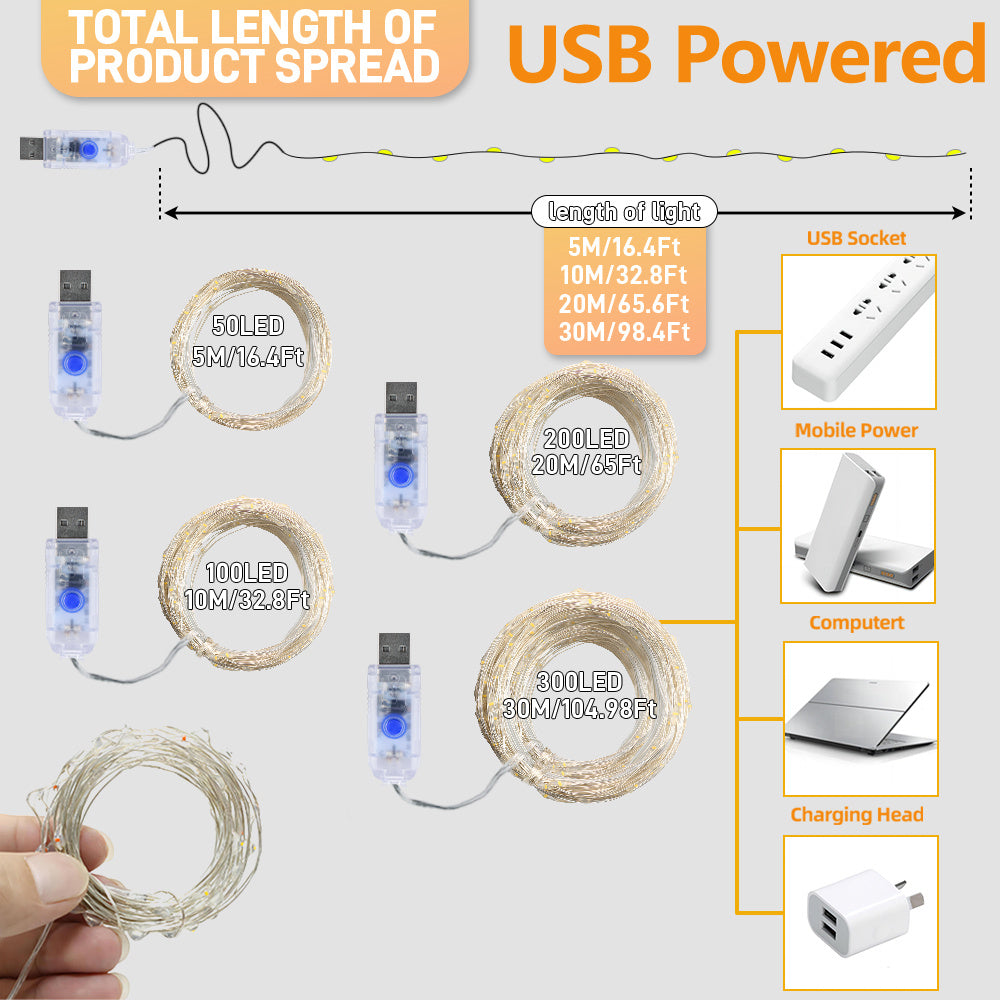 1 件，USB 仙女灯串，花环节日灯饰，USB 供电，300/200/100/50 LED，8 种模式，适用于派个、婚礼、房间、卧室、餐桌、万圣节装饰、节日灯饰的墙面装饰