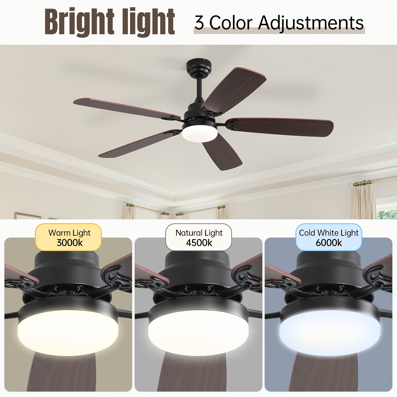Sofucor 42/52 Inch Remote Ceiling Fan with Light, 6 Wind Speed 3 Color 3 Timer Settings, Low Profile Flush Mount Fan Light, Quiet Reversible DC Motor, Dual Color Blades, Includes 3 Downrods for High Ceilings