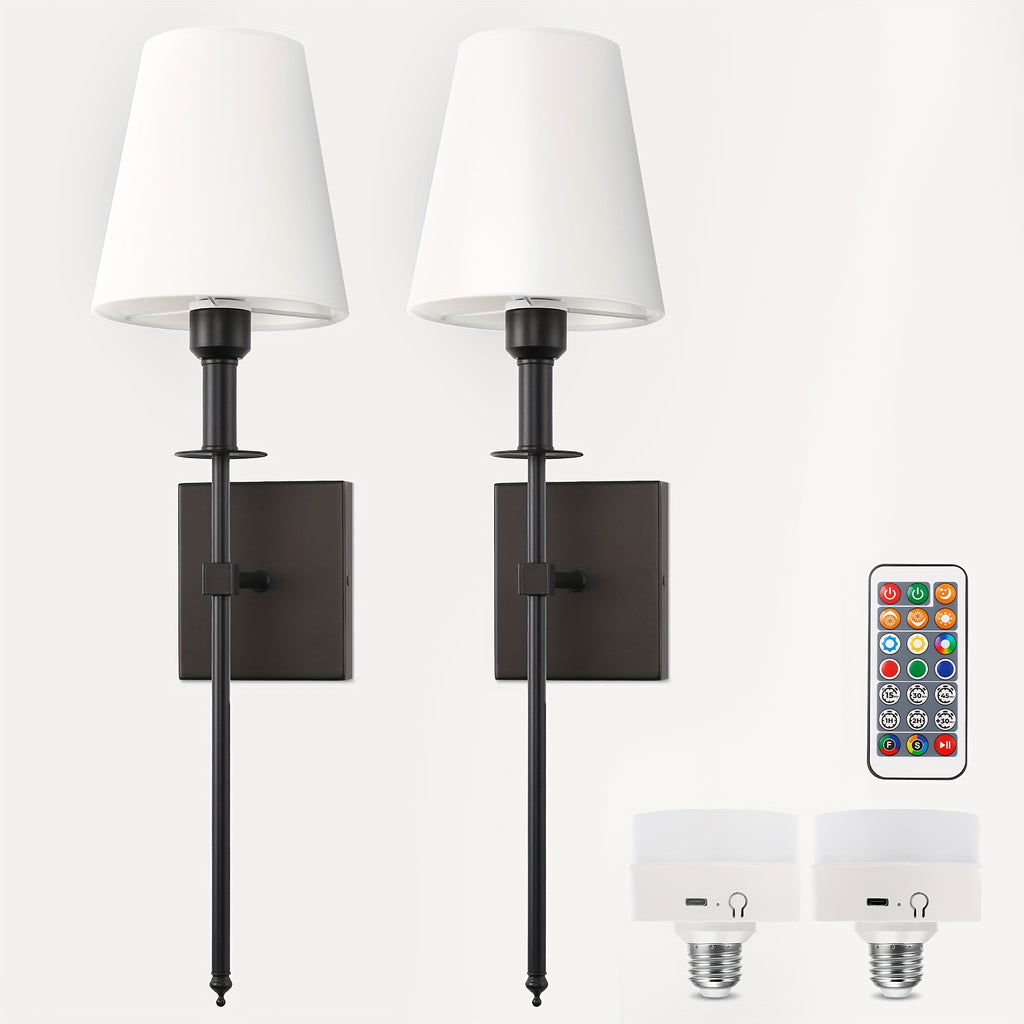 Upgraded RGB remote control wall light, equipped with rechargeable battery and white fabric lampshade, suitable for home decoration scenes such as bedroom, living room, game room. Designed with E26 lamp holder