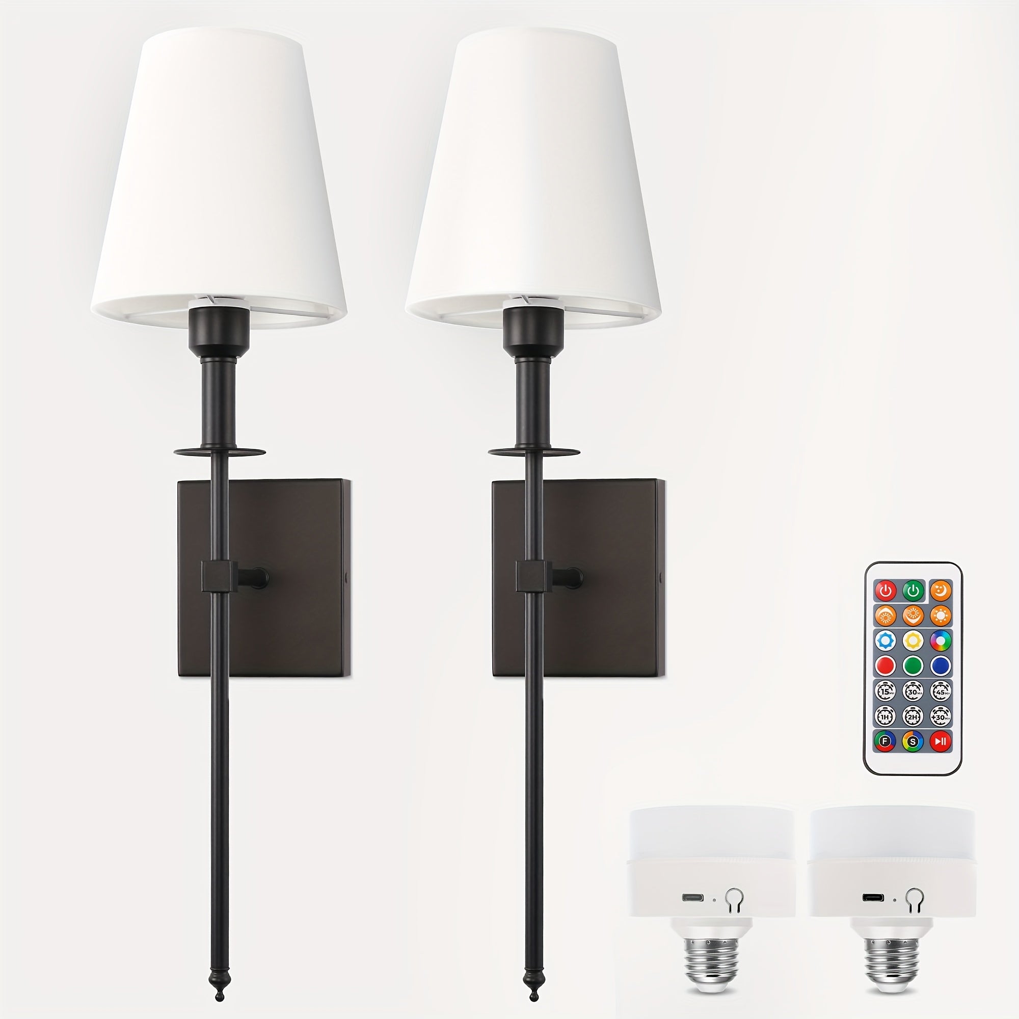 Upgraded RGB remote control wall light, equipped with rechargeable battery and white fabric lampshade, suitable for home decoration scenes such as bedroom, living room, game room. Designed with E26 lamp holder