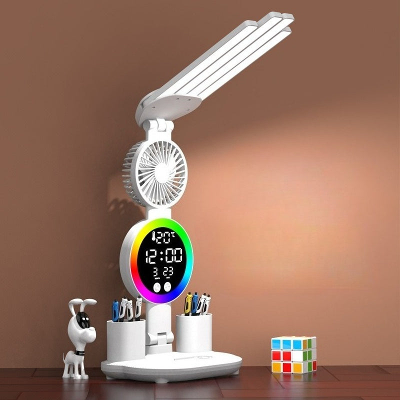 Smart Desk Lamp with 4 Light Poles, Built-in Fan Pen Holder Time Display, USB Powered Touch Control, 4-Head Adjustable Lighting, Time & Temperature Display Color Changing, Eye Protection Design, Ideal for Home Office Dorm Study, Perfect Gift