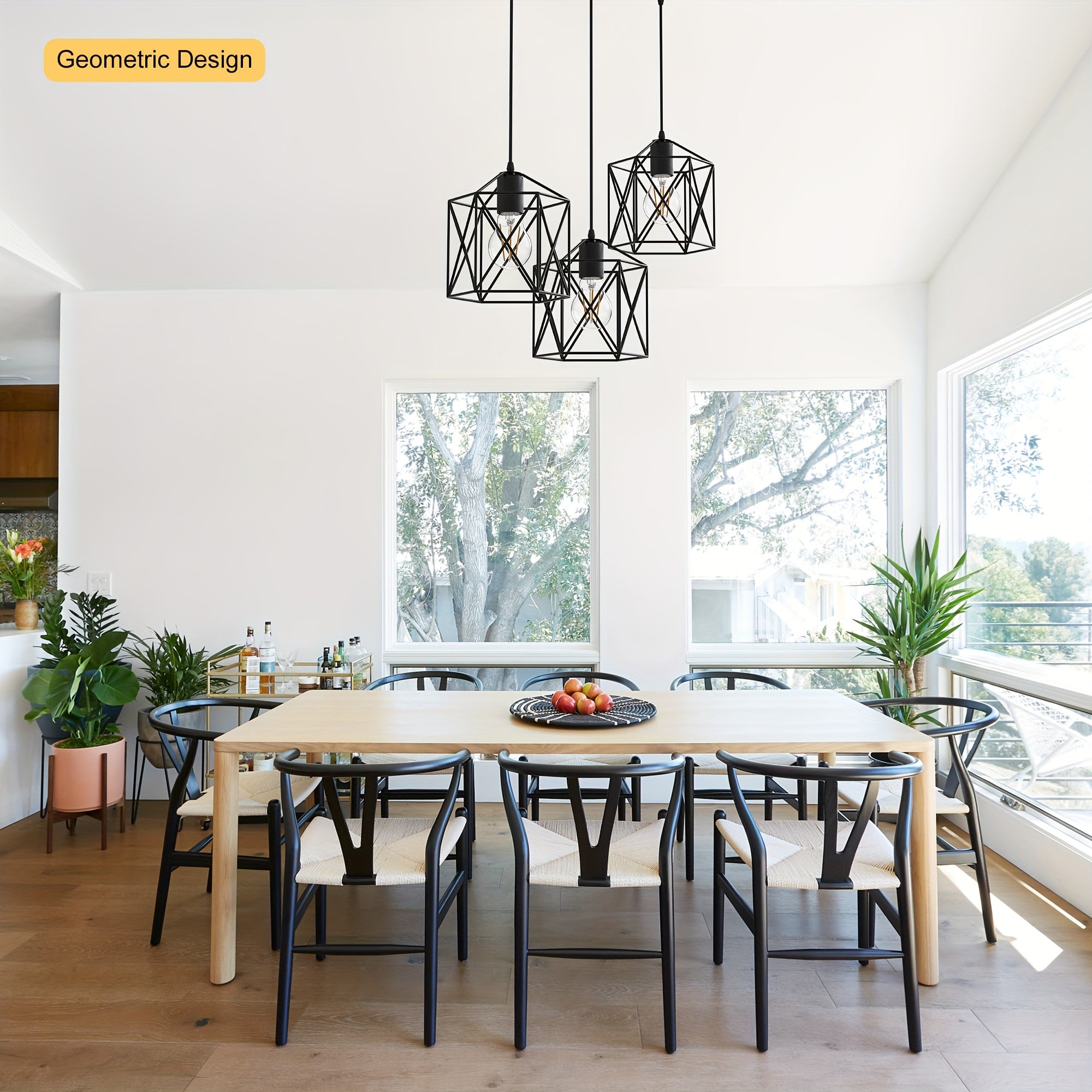 3-Light industrial pendant light, height adjustable up to 43.3 inches chandelier, black metal geometric cage pendant light, ceiling lighting fixture, suitable for dining room, kitchen island, living room or bedroom, restaurant, hotel, home decoration