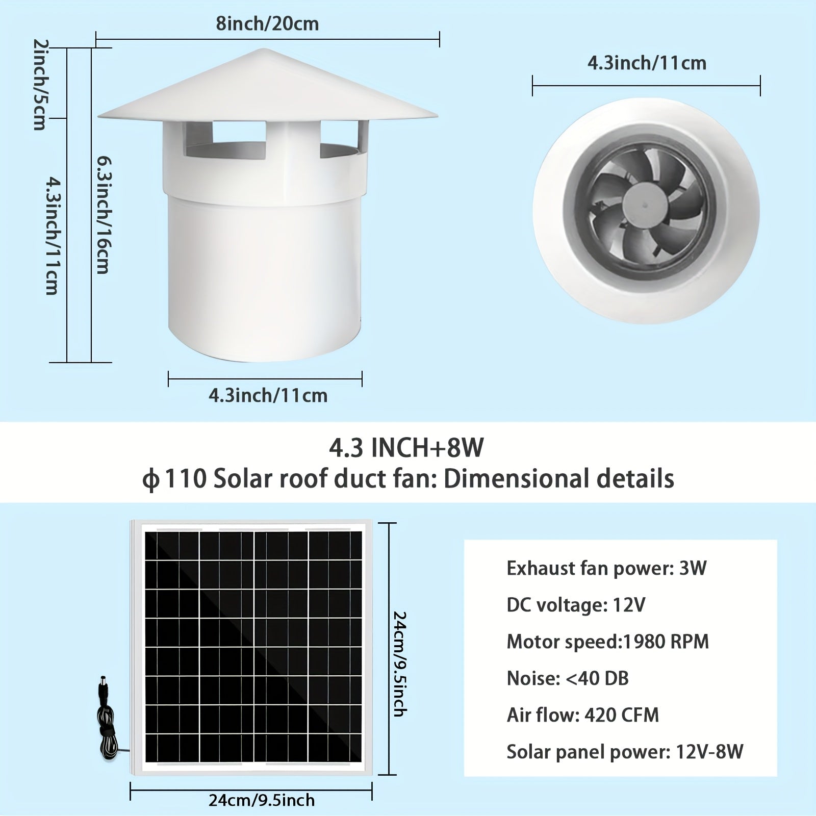 1PC Household Solar Fan, Roof Rain Cap Duct Exhaust Fan, 110mm Duct Fan with 8W Solar Panel & 160mm Duct Fan with 15W Solar Panel, White Solar Fan, Perfect for Boosting Air Circulation in Attic, Greenhouse, Chicken Coop and Pet House