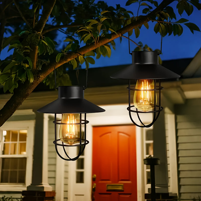 Solar portable hanging light, copper metal Edison warm light bulb, courtyard, patio, porch, pathway lighting, Halloween, Christmas holiday decorative gift, vintage outdoor decorative light