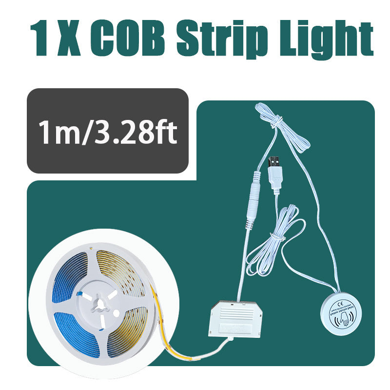 8mm 5V COB LED灯带，长度可选39.37英寸、78.74英寸或3米，配备USB接口、可调光触摸传感器和暖白光。这款无点可裁剪灯带非常适合用于厨房橱柜、衣柜、鞋架和卧室装饰