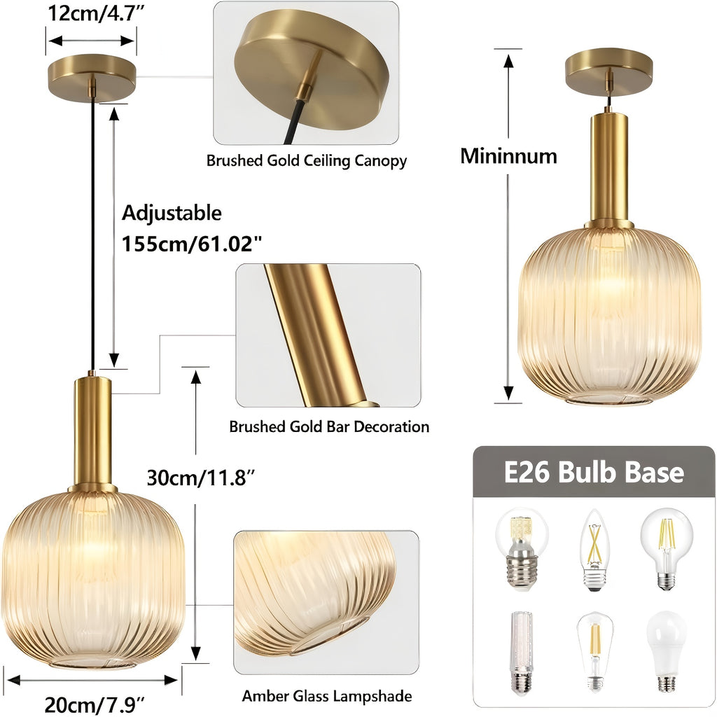 Green/Amber Modern Glass Pendant Light, 1-Light Semi-Flush Mount Ceiling Light, E26 Base Adjustable Globe Pendant Lighting, Dining Room, Kitchen Island, Porch Pendant Light (Bulb Not Included)