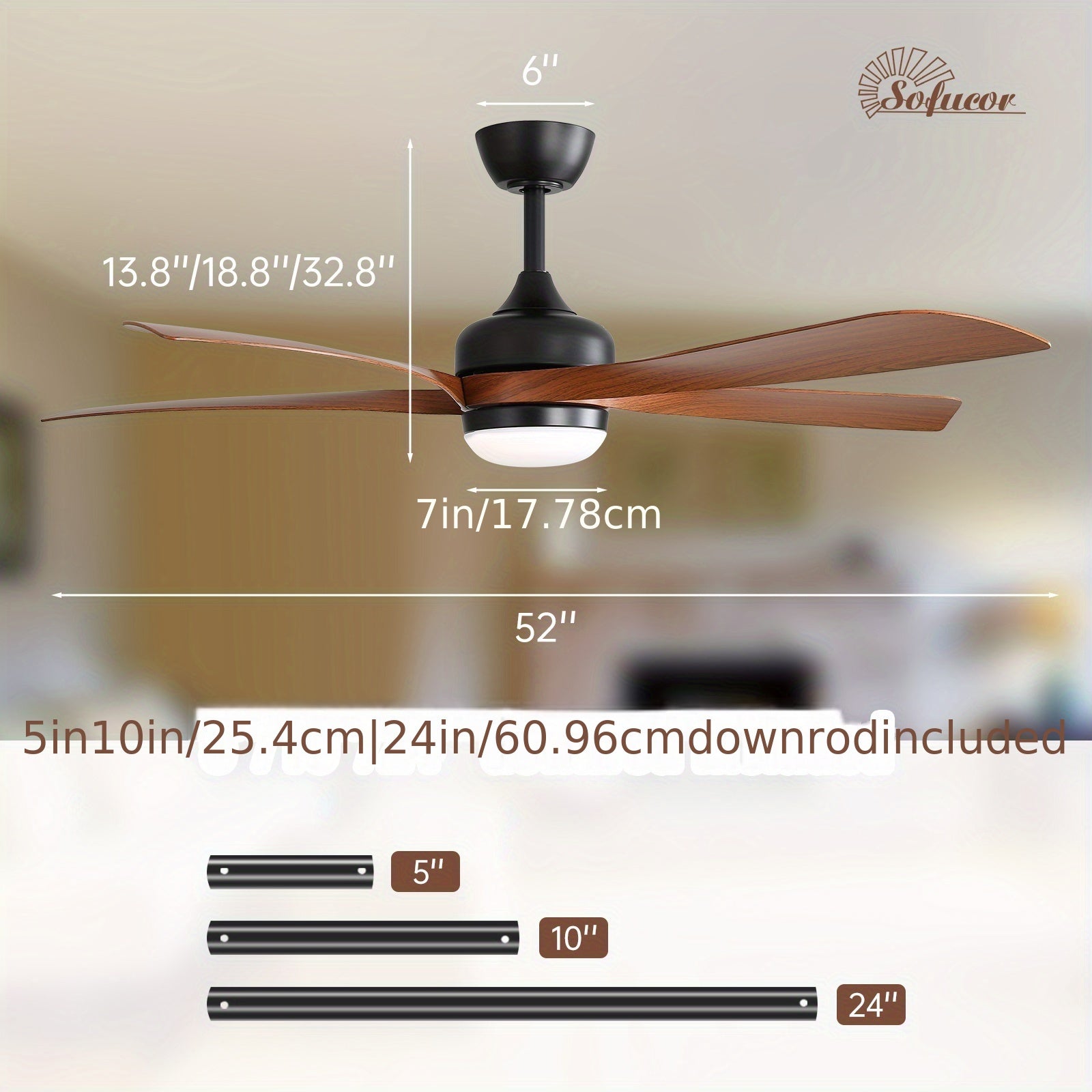 Sofucor 52 Inch Modern Ceiling Fan with Light, 3 Color Dimmable LED, 5 ABS Blades, Remote Control, Reversible DC Motor, Ideal for Room and Bedroom Decoration, Ceiling Fan with Light
