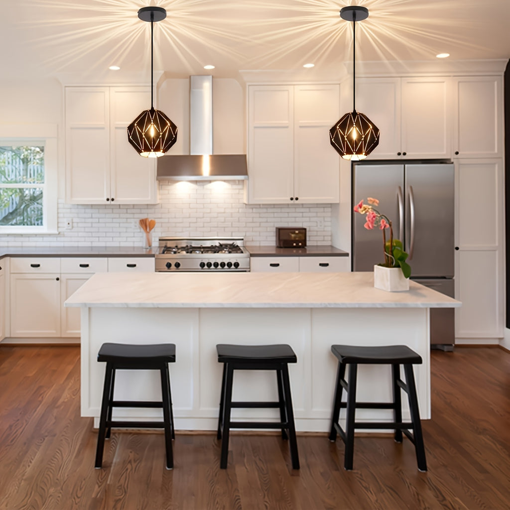 Industrial Pendant Light Kitchen Island, Black Pendant Lighting Fixture Chandelier, with Metal Geometric Diamond Shade, Ceiling Vintage Pendant Light, for Dining Room Living Room Bedroom Modern Light Fixture Ceiling