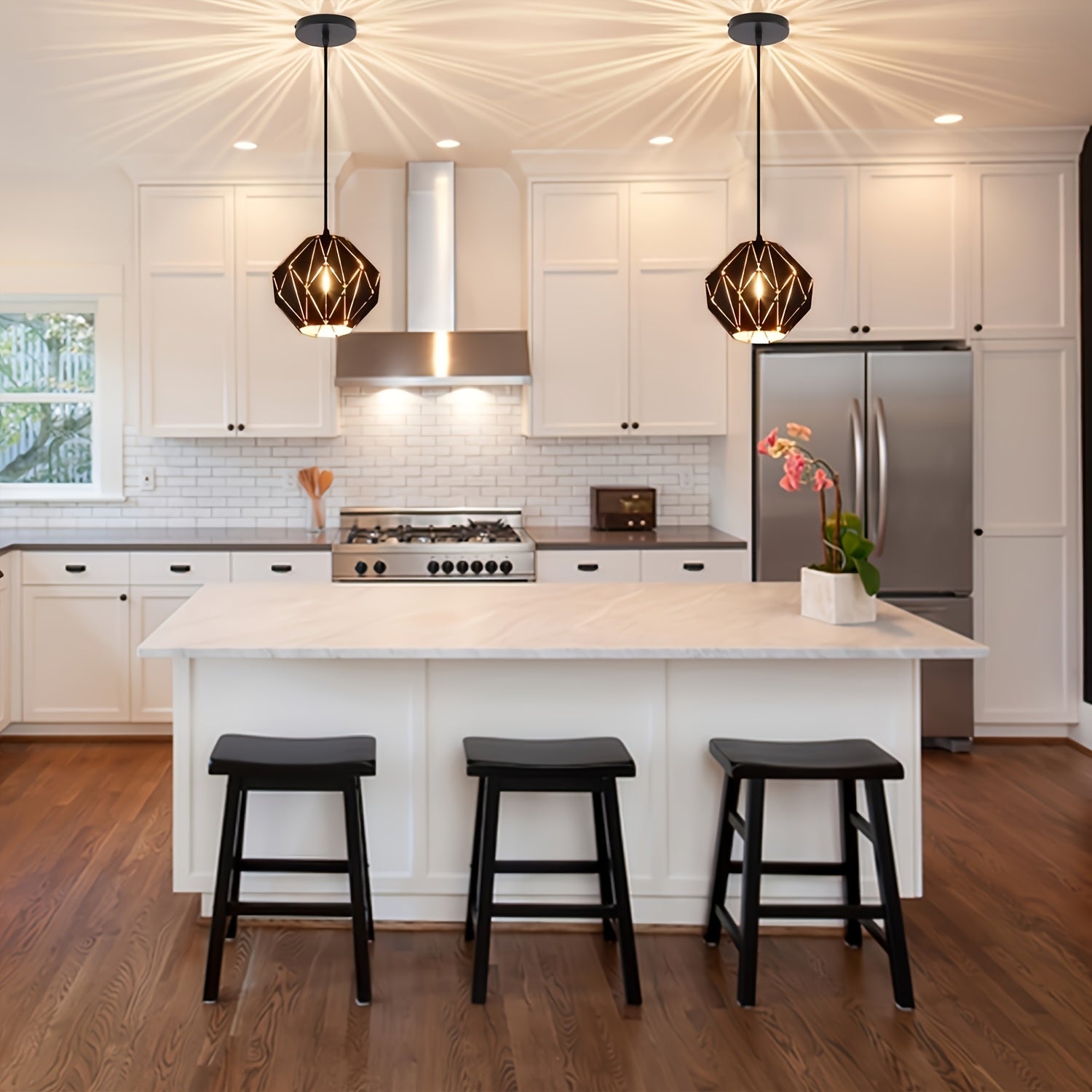 Industrial Pendant Light Kitchen Island, Black Pendant Lighting Fixture Chandelier, with Metal Geometric Diamond Shade, Ceiling Vintage Pendant Light, for Dining Room Living Room Bedroom Modern Light Fixture Ceiling