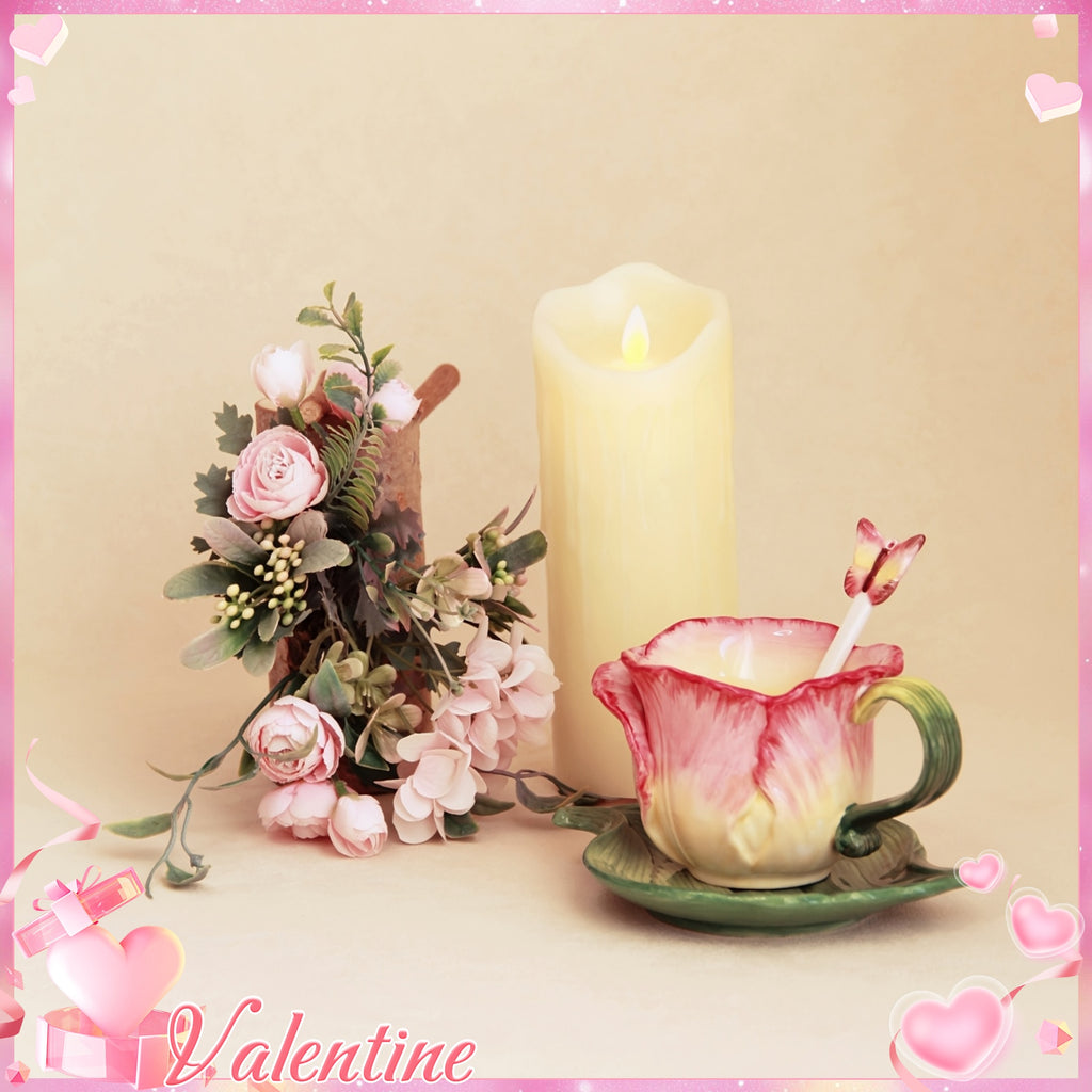 1SET Ceramic Hand-Painted Flower Cup & Saucer Set, 1PCS 3D Handmade Pink Rose & Tulip Tea Cup Coffee Cup, 1PCS Green Leaf Saucer, 1PCS Butterfly Spoon, Exquisite Table Décor, Gift for Christmas, Valentine’s Day, Mother’s Day (Capacity: 150ml / 5oz)