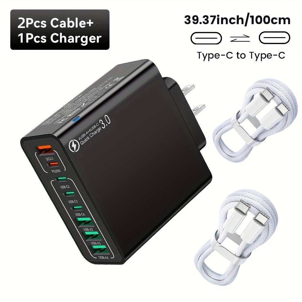8-Port PD+QC 3.0 Fast Charger Set with Usb/Type-C, Including a Type-C to Type-C Cable. This High-Performance Charging Station Is a Reliable Power Adapter for Home Users And Workspace Additions