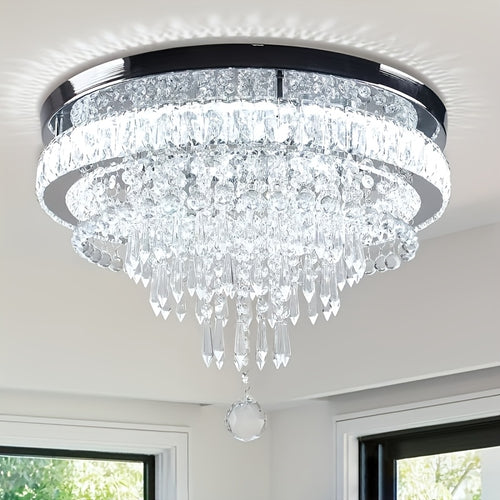 19.7-inch modern crystal chandelier, crystal ceiling light, LED remote control pendant light, suitable for bedroom, living room, dining room lighting (cool white light)