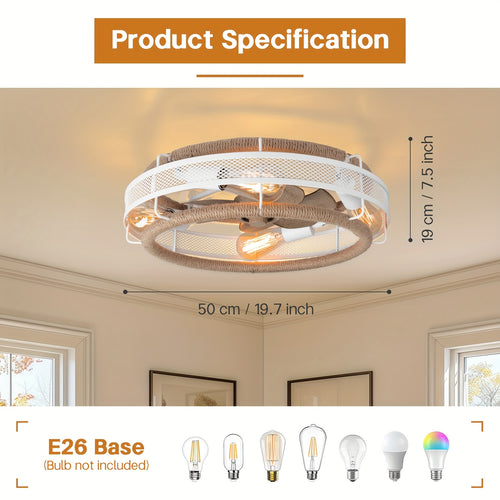 19.7 Inch Bohemian Ceiling Fan with Lights & Remote - Low-Profile Rattan Farmhouse Design, 6-Speed Leafless Fan, Matte Metal Finish, Infrared Remote, for Bedroom/Living Room/Kitchen (Black/White, Bulbs Not Included)