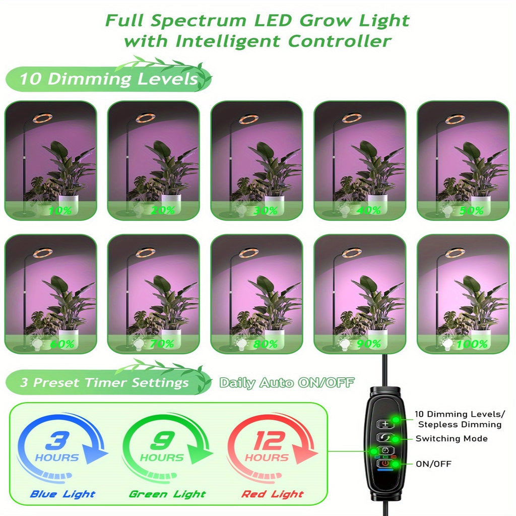 4-Color Circular Floor Plant Lamp, USB Powered, Freely Extendable, Indoor Flower Plant Grow Light, 3/9/12H Timer, Dimmable Plant Lighting