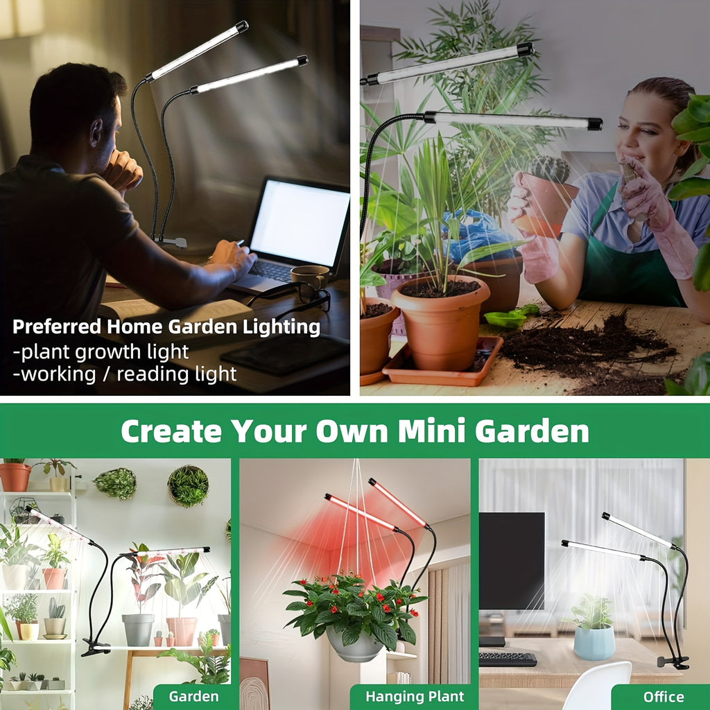 White & Red Clip Plant Light, 2-Head USB Powered Grow Lamp, 3/9/12H Timer, Adjustable Color Temperature & Brightness, LED Plant Growth Lighting for Indoor Potted Plants, Flowers & Home Decoration