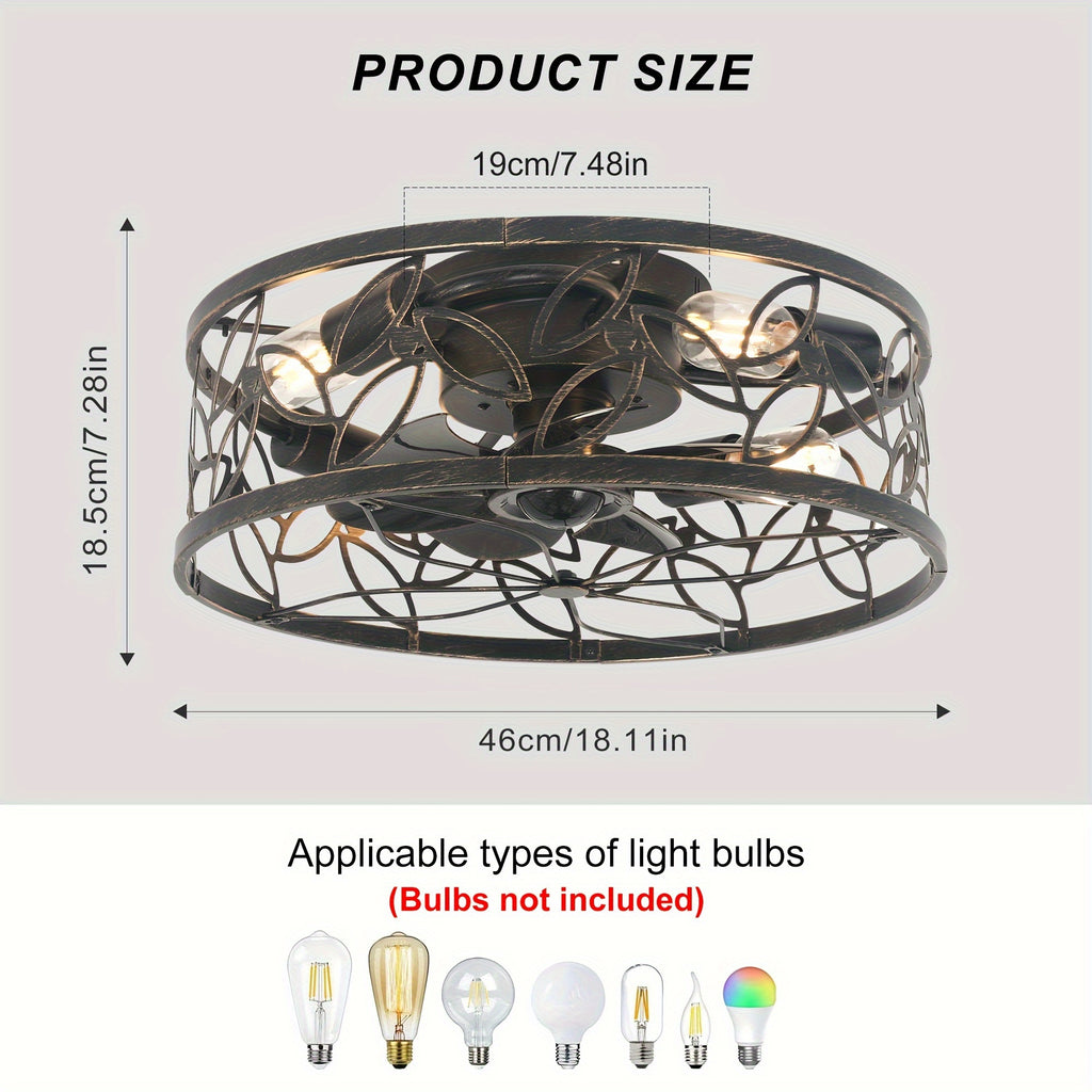 Enncll Farmhouse Ceiling Fan with Light and Remote, 18 Inch Black Caged Bladeless Ceiling Fan Light, Flush Mount Fixture for Kitchen and Bedroom