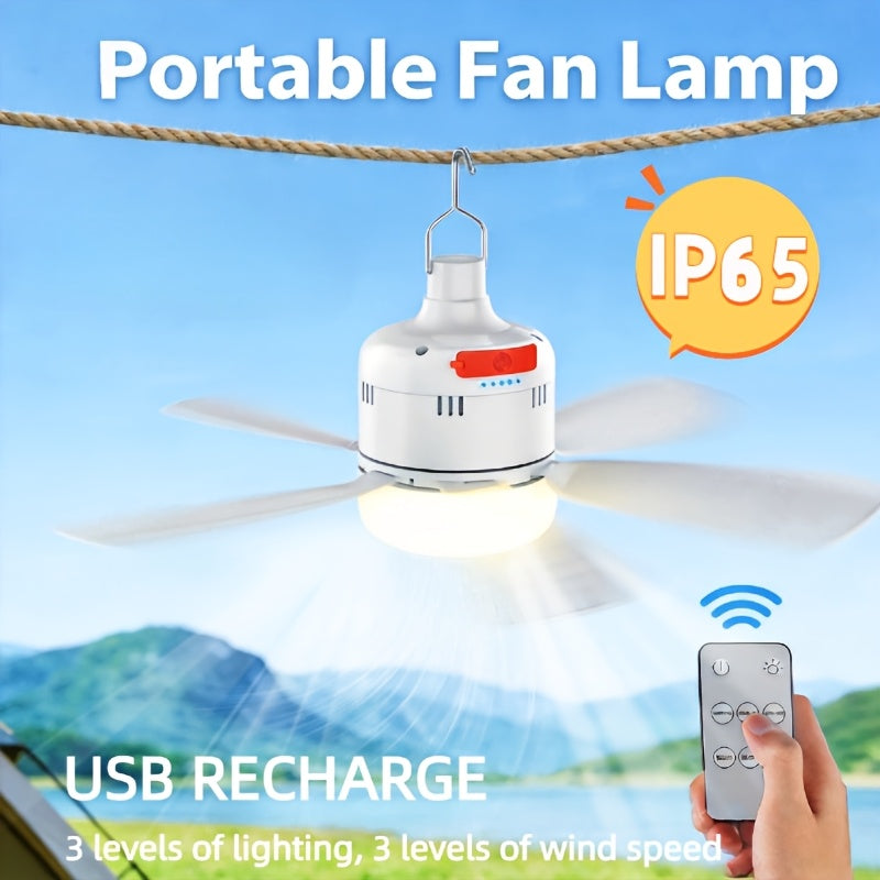 USB Rechargeable Portable Fan Light, 3 Brightness LED & 3 Strong Wind Speeds, 3000mAh Built-in Battery, Detachable Fan Blades, IP65 Waterproof Remote Control Camping Lantern Flashlight