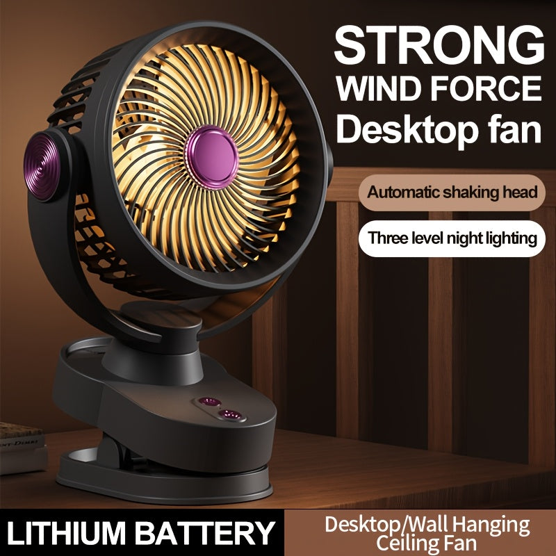 Brushless Motor Clip Fan, Rechargeable 2-in-1 Fan with Lighting & Oscillating Function, Quiet Circulating Desktop Fan with Night Light for Office Dorm Bedroom