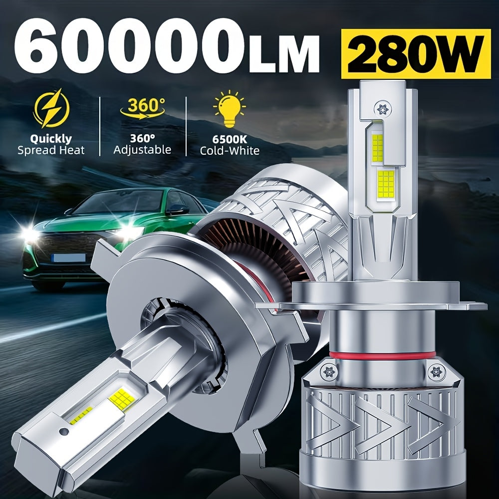 2-Pack LED Car Headlights - 280W Power, 60,000 Lumens Brightness, 6500K Color Temperature, 360° Beam, High/Low Beam Switching, 300m Illumination Distance, Turbo Fan Design, CANBUS Error-Free