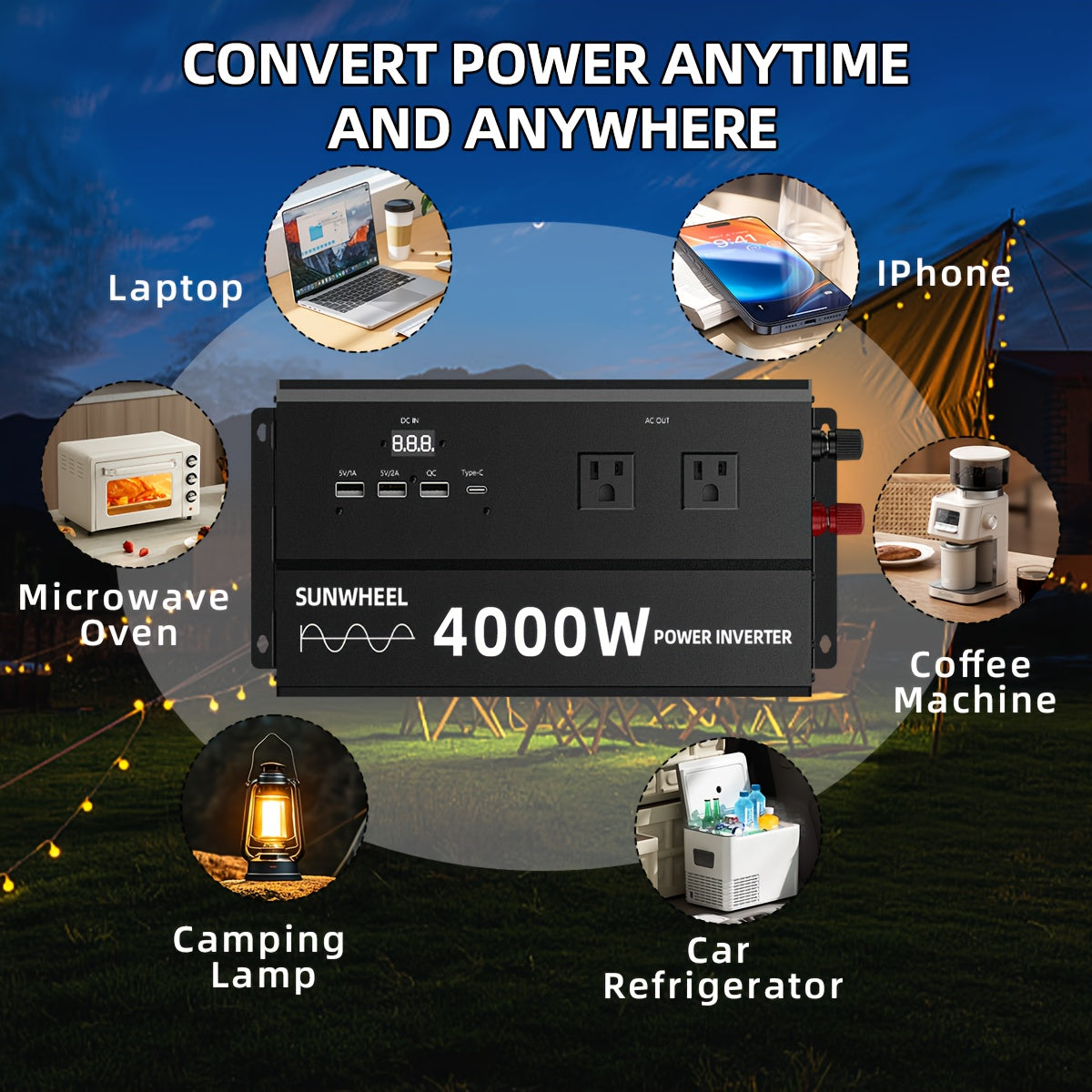 纯正波5000W 4000W 110V车载电源逆变器，快速充电，数字电压显示，智能快速充电，5000W大功率变压器-车载3个USB插头，1个Type-C插头，适用于汽车，家庭，笔记本电脑，卡车，美规插座