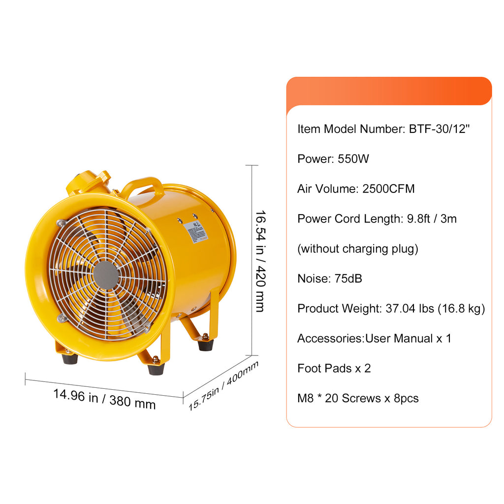 VEVOR Portable Ventilator, 12"/16" Heavy Duty Cylinder Fan, 550W/1100W Powerful Exhaust Fan, 2500CFM/4240CFM, 9.8ft/16.4ft Power Cord (No Charging Head), Industrial Dust & Smoke Blower, for Home/Workplace