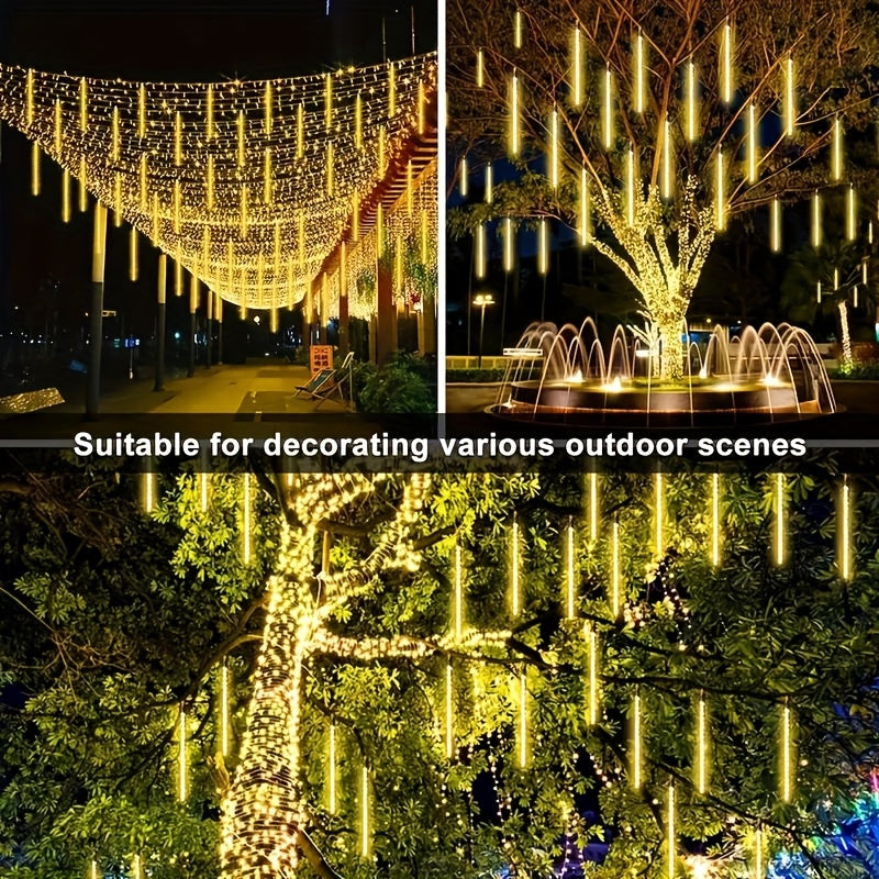 1 piece 30cm/11.81inch or 45cm/17.72inch solar meteor tube light outdoor, automatic on/off, smart light sensor, 192LED/288LED 8-tube hanging solar fairy light, IP65 high quality, suitable for garden, wedding, Christmas, Halloween, party